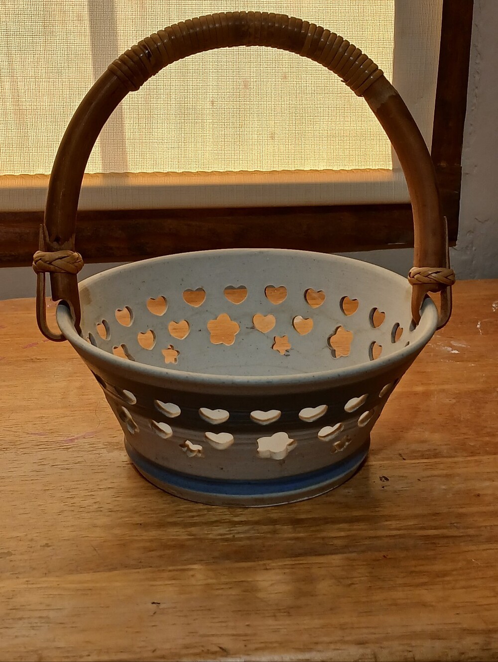 Woven-Handle Ceramic Basket with Heart and Flower Cutouts - Blue Accent